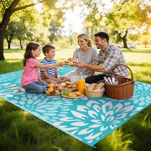 HEBE Waterproof Outdoor Rug 5'x8', Floral Reversible Plastic Patio Rug - Image 3