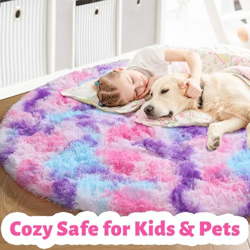Amdrebio Pink Blue Purple Fluffy Area Rug 5Ft for Girls Bedroom Kids Room - Image 2