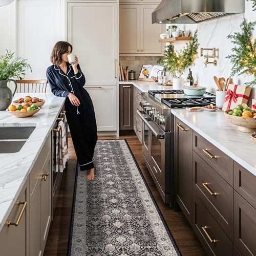 Hallway Washable Runner Rug - 2'6x14 Kitchen Rugs Entryway Rug Runner Vintage Soft Floor Mat Non Slip Indoor Farmhouse Carpet for Bathroom Living Room Bedroom (2'6''x14', Black) by HYHAOYUNLAI