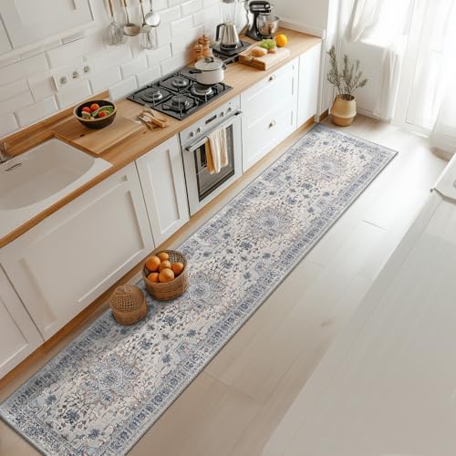 BESTSWEETIE Washable Boho 2x10 Runner Rug, No Pile, Living Room, Beige Blue - Image 2