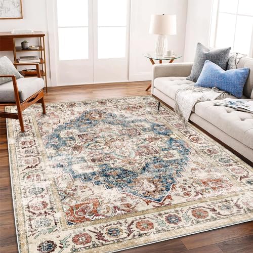 CHAMPLANT Beige Blue Washable Area Rug 8'x10' Boho Chic Medallion Distressed Design Non-Shedding Easy Care Ideal for High Traffic Areas in Living Room Bedroom Office Coffee Table Large Carpet by CHAMPLANT