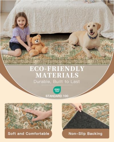 Madane Runner Rug 2x10 for Hallway, Washable Rug Runner, Brick/Brown/Green - Image 5