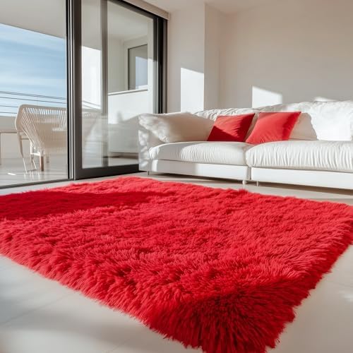 PAGISOFE Soft Modern Red Area Rug, 4x6 Feet, Shaggy Indoor Rug for Kids Room Decorative Carpet, Fuzzy Rug for Babies, Nursery, Dorm, Non Slip Rug for Boys Girls, Teen's Room - Image 5