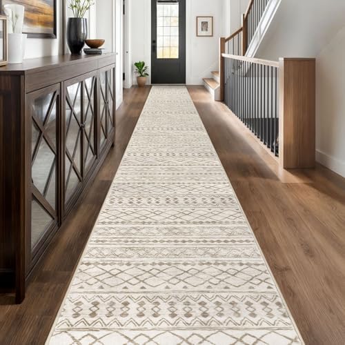 KUTA Extra Long Runners for Hallways 2.6x20ft Washable Beige Boho Runners by KUTA