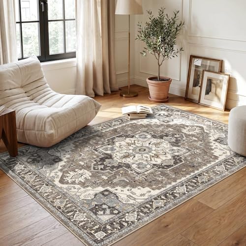 3x5 Washable Area Rug for Entryway: Non-Slip Kitchen Rugs with Rubber Backing for Living Room Vintage Low Pile Stain Resistant Carpet for Bedroom Soft Thin Floor Decor Mat for Dining Room (Beige,3x5) by RUUGME