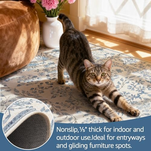 jinchan 2x3 Washable Half Circle Entryway Rug, Vintage Floral, Blue/Cream - Image 4