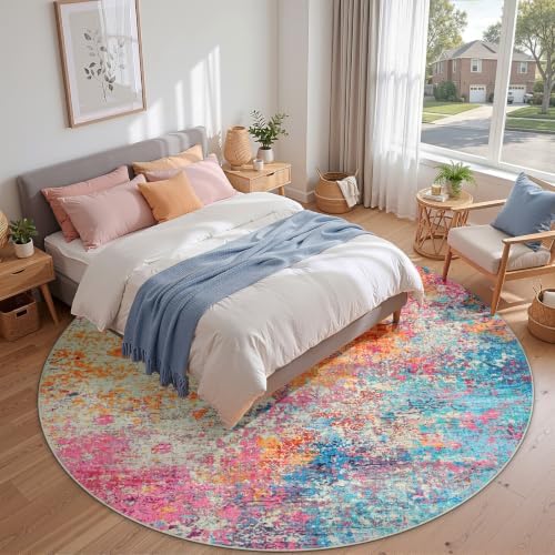 Rugflix Washable 8ft Round Area Rug, Rainbow Abstract Rug for Living Room - Image 3