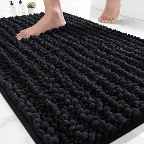 Yimobra Bathroom Rugs Non Slip Washable - Ultra Soft Absorbent Chenille Bath Mat, Quick Dry Shaggy Floor Carpet for Tub Shower, Black Home Decor Accessories, 24x17 Inch by Yimobra