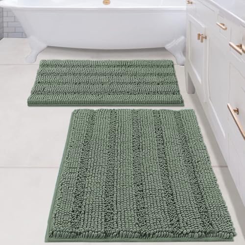 H.VERSAILTEX 2 Piece Bathroom Rugs Bath Mats Sets Super Absorbent Chenille Striped Bath Mats Non Skid Machine Wash Dry Rugs for Bathroom Floor (Green Bay, 24 x 36 Plus 20 x 32 - Inches) by HVERSAILTEX