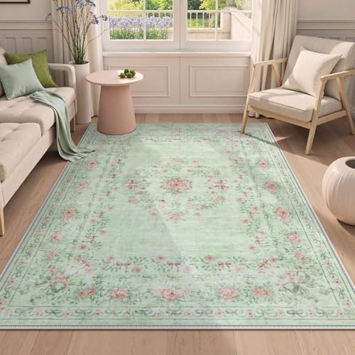 Wonnitar Floral Bow Print Washable Rugs 5x7, Sage Green Rug for Living Room, Ultra-Thin Non Slip Soft Boho Carpet for Dining Room Bedroom Kid Room Playroom, Light Green - Image 4