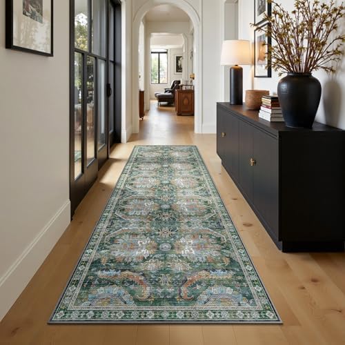2x6 Hallway Runner Rug, Washable Vintage Retro Long Runner Rugs for Kitchen Laundry, Soft Ultra Thin Non Slip Low Pile Traditional Area Carpet for Bedroom Bathroom Indoor, Green - Image 5