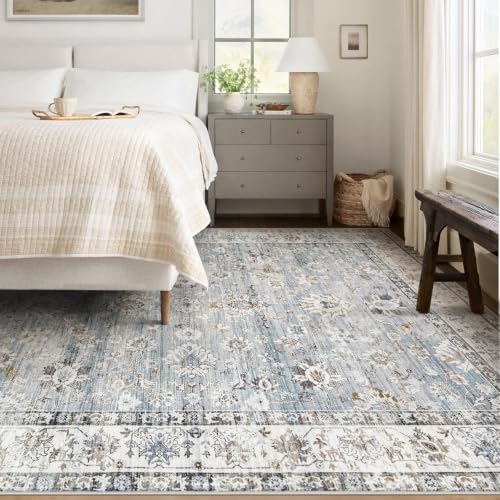 XLUEZ Area Rug 5x7 Living Room Rug, Machine Washable Vintage Distressed Boho Area Rug Non-Slip Soft Low Pile Large Indoor Rugs for Bedroom Kitchen Dining Room Office(Light Blue,5'x7') - Image 2