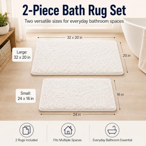 White Bathroom Rugs and Mats Set, 2 Piece Chenille Bath Mat Set, Machine Wash Dry, Non Slip Absorbent Shaggy Bath Rug for Bath Room, Shower and Tub (20" x 32"+16" x 24") Bathroom Rug St Accessories - Image 2