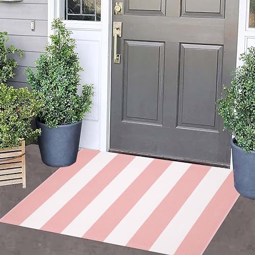 Pink and White Front Door Mat Outdoor 2'x3'Washable Layered Doormat - Image 5