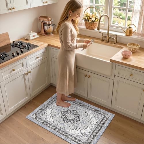 Area Rugs Small 2x3 Washable Non-Slip Boho Indoor Carpets, Blue Grey