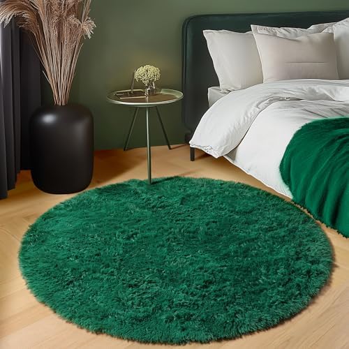 Dark Green Fluffy Round Rug Circle Area Rugs 4ft for Kids Teen Bedroom - Image 6