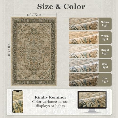 Moody 6x9 Area Rugs for Living Room, Low Pile Thin Washable Non Slip Rugs for Bedroom Dining Room, Vintage Medallion Distressed Carpet for Home Office Guest Room, Multi Brown/Green - Image 2