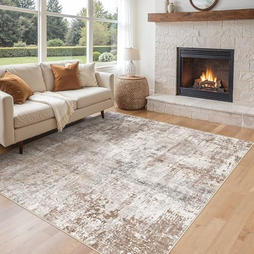 UERMEI Square Area Rugs : Washable 8x8 Neutral Modern Abstract Carpet for Living Room Bedroom - Soft Floor Mat with Non Slip Backing for Kitchen Nursery Dorms Farmhouse Home Decor - Brown/Grey/Red by UERMEI