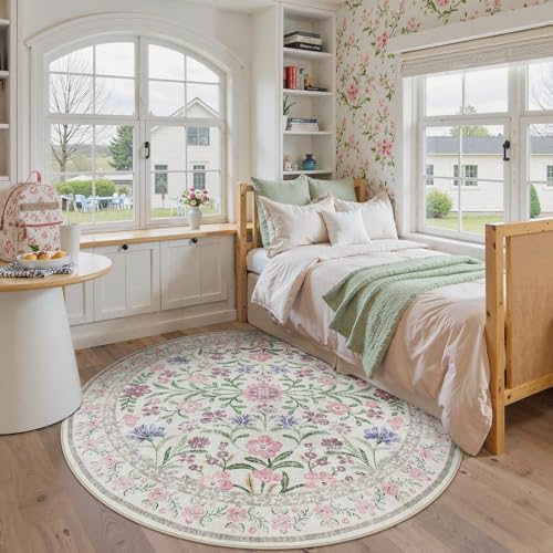 Wonnitar Floral Washable Round Rugs 6ft, Purple Circle Rugs for Bedroom Girls Dorm, Ultra-Thin Non Slip Boho Carpet for Nursery Girls Room Decor Living Room Playroom, Light Purple/Pink - Image 6