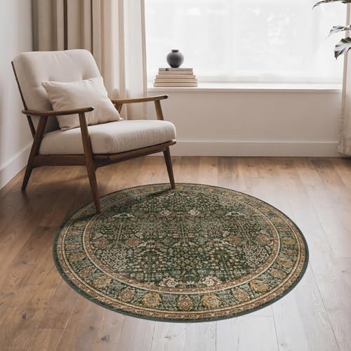 Bavni 3ft Round Area Rug 3x3, Washable Non Slip, Dark Green Brown by BAVNI
