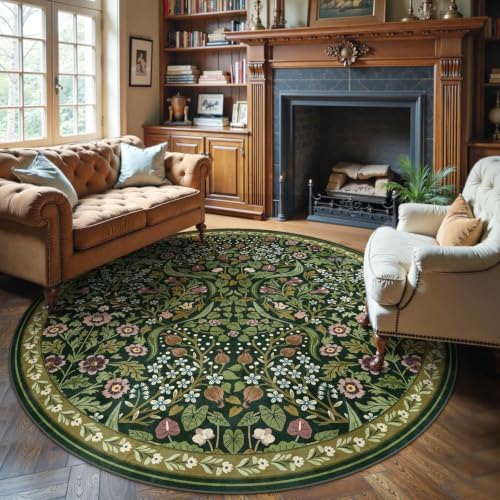Moynesa Vintage 6ft Round Area Rug, Green Floral Rugs for Living Room by Moynesa