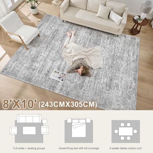 DMOYEST Area Rug Living Room Rugs - 8x10 Abstract Large Soft Indoor Washable Rug Neutral Modern Low Pile Carpet for Bedroom Dining Room Farmhouse Home Office - Vintage Grey - Image 5