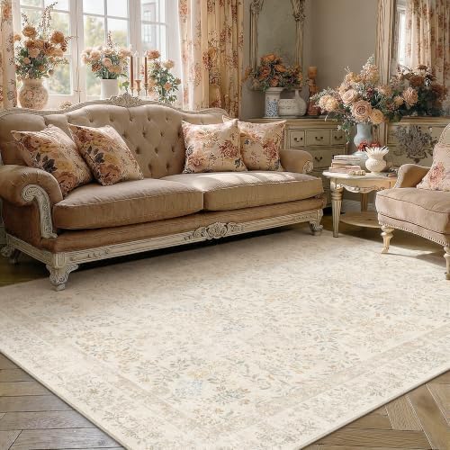 PureCozy 5x7 Beige Floral Area Rug Vintage Farmhouse Style by PureCozy