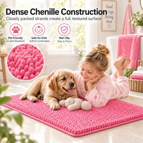 Pink Bathroom Rugs Chenille Bath Mat Set 2-Piece Bath Rugs for Bathroom Extra Soft Bath Mats for Bathoom Non Slip Absorbent Shag Bathoom Carpet - Image 5