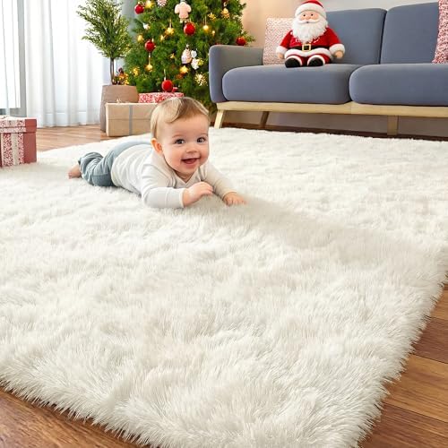 OLANLY 7x12 Machine Washable Large Area Rugs for Living Room, Bedroom, Soft Fluffy Shaggy Bedside Rug, Indoor Floor Carpet for Kids Girls and Boys, Dorms, Nursery, Home Decor Aesthetic, Ivory by OLANLY