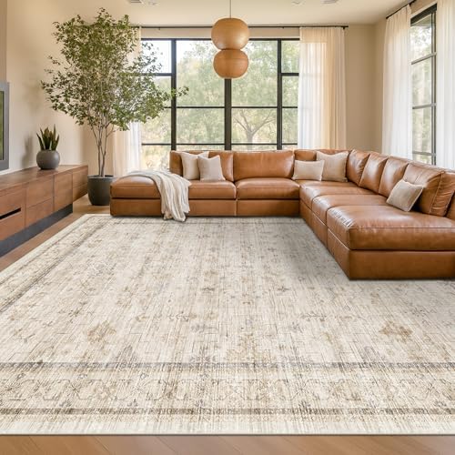 Hazo Haus Washable Ivory Living Room Rug, 8x10 Non Slip Area Rugs for Bedroom, Dinning Room Under Table Low Pile Neutral Farmhouse Vintage Foldable Decor by HazoHaus