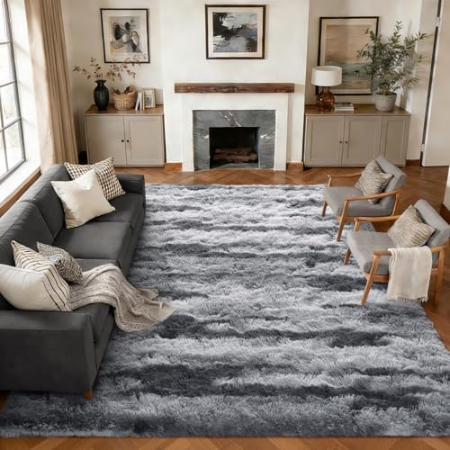 9x12 Extra Large Fluffy Area Rugs Non-Slip for Living Room Tie-Dyed Grey - Image 2
