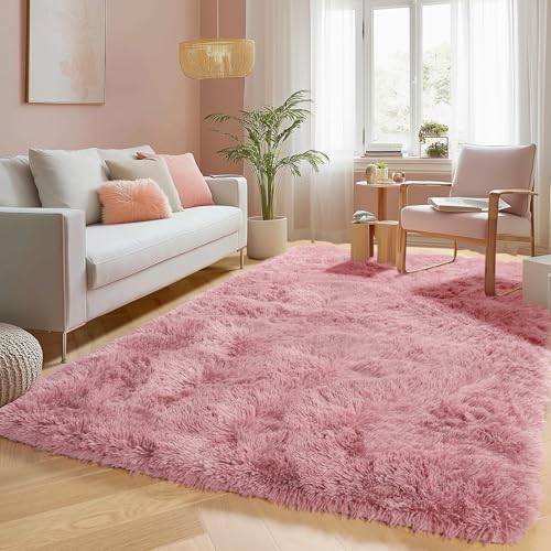 Blush Pink Fluffy Shag Area Rugs for Bedroom Girls 5x7, Soft Shaggy Carpets - Image 2
