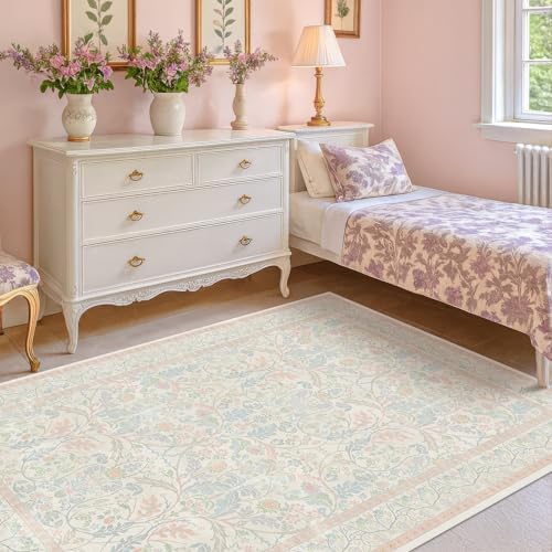 Washable Blue and Pink Rug 5x7 - Girls Nursery Rug Non Slip, Soft Pastel Kids Playroom Decor Carpet, Light Blue and Green Oushak Floral Bedroom Living Room Dorm Carpet (Green and Pink) by Evyhood