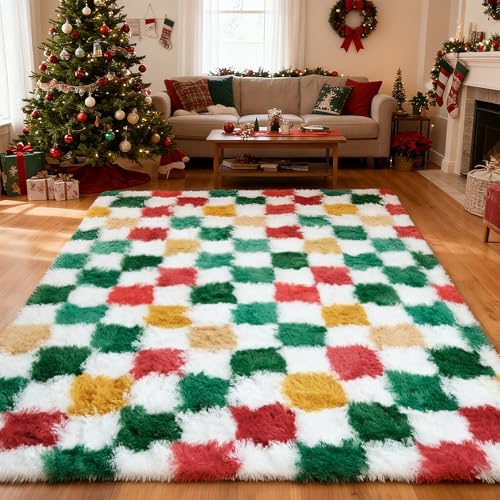 Christmas Area Rug 4x6 for Bedroom Living Room, Checkered Shag Rug Fuzzy Shaggy Bedside Carpet, Indoor Plush Floor Rugs for Holiday Home Decor by Boshengya