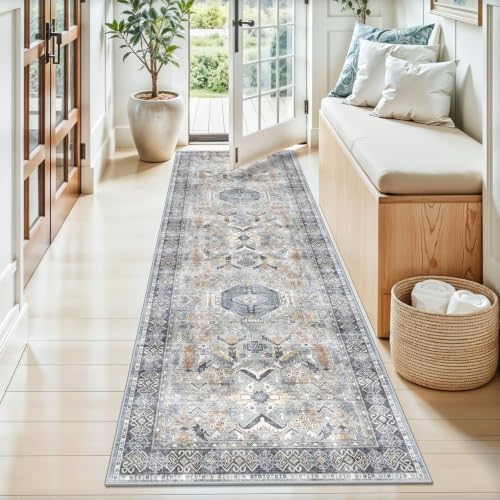 Washable 2x6 Kitchen Runner Rug - Hallway Rugs Low Pile Entryway Carpet Vintage Farmhouse Soft Thin Non-Slip Stain Resistant Indoor Floor Mat Home Decor for Bedroom Laundry Room(Grey/Blue, 2x6) - Image 2