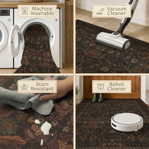 2x5 Small Runner Rug for Kitchen - Non Slip Brown Throw Rugs for Entryway, Laundry, Bathroom, Southwestren Floral Cabin Bedroom, Hallway Thin Stain Resistant Carpet - Image 4