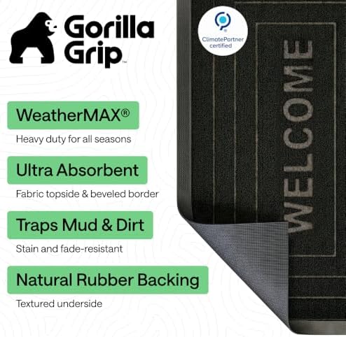 GORILLA GRIP WeatherMAX Door Mat, Indoor Outdoor Use, 35x23, Black Welcome - Image 3