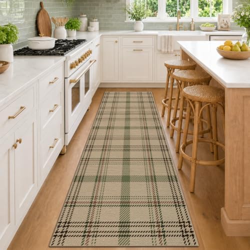 JTJ Easy Jute Kitchen Runner Rug 2'6" x 8', Sage Green & Beige Plaid by JTJ