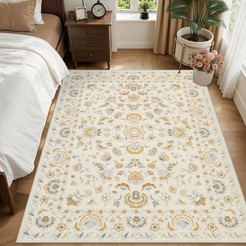 5x7 Area Rug Living Room: Soft Floral Washable Boho Carpet Beige - Image 3