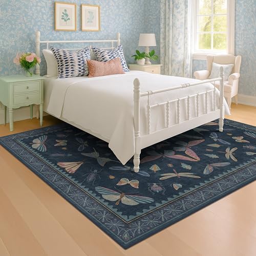 9x12 Washable Farmhouse Area Rug for Living Room, Bedroom & Dining Room Under Table, Dark Blue Boho Insect Design Carpet, Vintage Moth Décor, Soft Low Pile Rug - Image 3