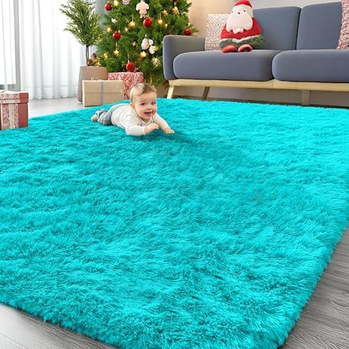 OLANLY 9x12 Machine Washable Large Area Rugs for Living Room, Bedroom, Soft Fluffy Shaggy Bedside Rug, Indoor Floor Carpet for Kids Girls and Boys, Dorms, Nursery, Home Decor Aesthetic, Teal Blue by OLANLY