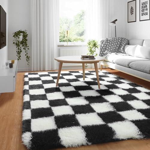 KICMOR Black and White 3x5 Rugs for Bedroom Bedside, Fluffy Soft Checkered Shag Area Rug Fuzzy Shaggy Small Living Room Carpet, Plush Throw Rug for Kids Boys Girls Dorm Nursery Home Decor Aesthetic - Image 5