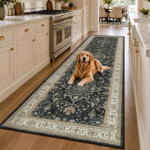 RELEANY Washable Area Rug, Runner 3'x9', Black/Vintage/Beige by RELEANY