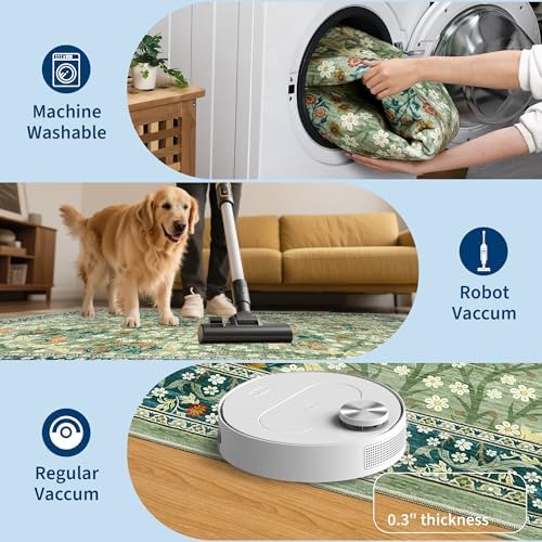GarveeHome 6x9 Washable Area Rug for Living Room, Floral Dining Room Rugs for Under Table, Low Pile Non-Slip Stain Resistance Floor Carpet for Bedroom, Sage Green - Image 6