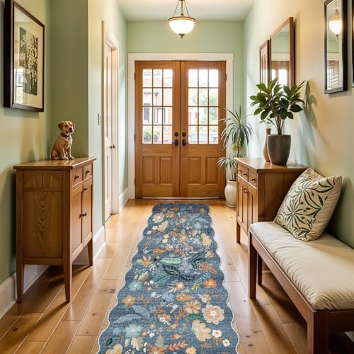 Washable 2x10 Runner Rug for Hallway: Floral Scalloped Kitchen Rugs Blue - Image 5