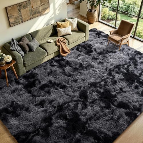 8x10 Non-Slip Fluffy Area Rugs For Living Room (Tie-dye Dark Grey) - Image 3