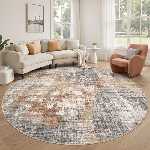 DMOYEST 8ft Round Area Rug Living Room Rugs - 8x8 Washable Large Soft Indoor Neutral Modern Abstract Low Pile Rug Carpet for Bedroom Dining Room Farmhouse Home Office - Grey Brown by DMOYEST