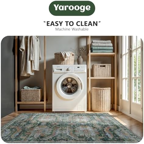 5x7 Area Rugs, Vintage Retro Soft Washable Rug, Non-Slip Low Pile Rugs for Living Room, Bedroom, Dining Room, Stain Resistant Home Decor Rug (Green) - Image 5