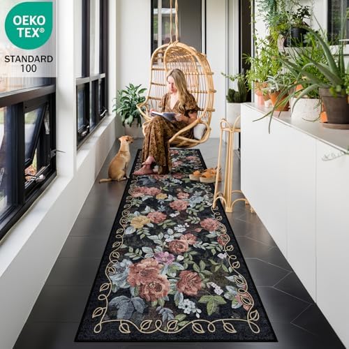 Washable 2x6 Runner Rug, Navy Boho Floral Non-Slip for Hallway, Kitchen - Image 3