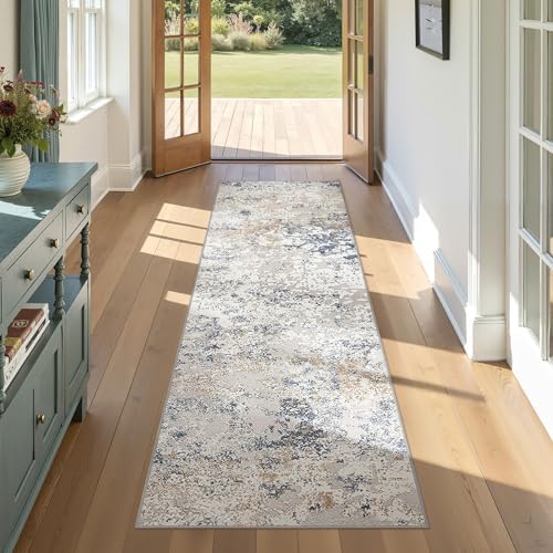 DMOYEST Washable Runner Rug for Hallway: 2.6x8 Neutral Modern Abstract Low Pile Area Rug with Non-Slip Backing - Carpet for Bedroom Kitchen Laundry Entryway Bathroom Indoor - Beige Blue by DMOYEST